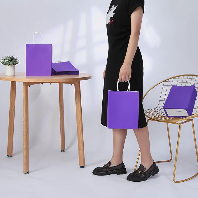 SUNCOLOR 25 Pack Purple Gift Bags with Handles – 8x4.5x10 Medium Bags for Shopping, Retail, DIY, Wedding, Party Favors & Special Occasions