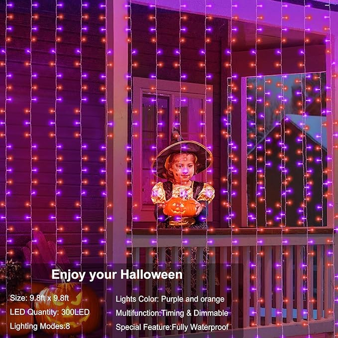 echosari Halloween Curtain Lights Battery Operated, 300 LED Purple Orange Fairy Curtain Lights 9.8Ft x 9.8Ft Hanging Lights with Remote Timer for Party Garden Yard Decor