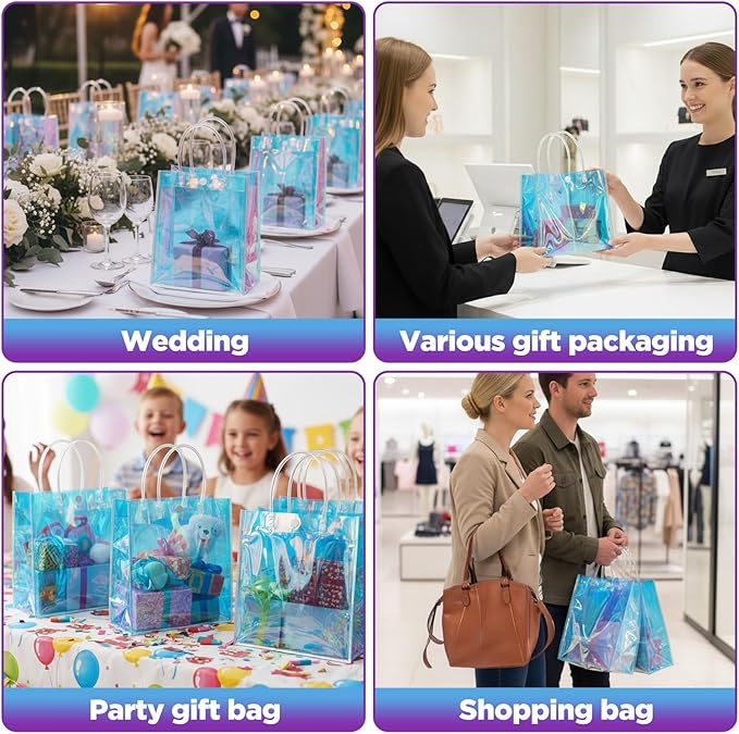 16 Pcs Holographic Bags, Party Favor Bags Clear Reusable Birthday Gift Bag with Handle-PVC Plastic Goodie Handbag for Women Girls Iridescent Bachelorette Wedding Christmas(7.87" x 7.87" x 3.94")