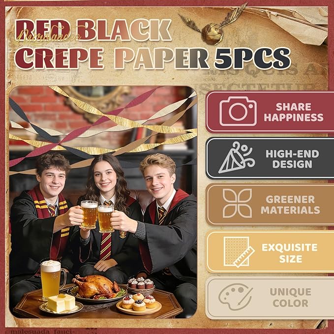 NICROLANDEE 5 Rolls Burgundy Gold Black Crepe Paper Streamers for Magical Wizard School Party Decorations, Casino Theme Party Decorations for Graduation, Retirement, New Year, Milestone Birthday