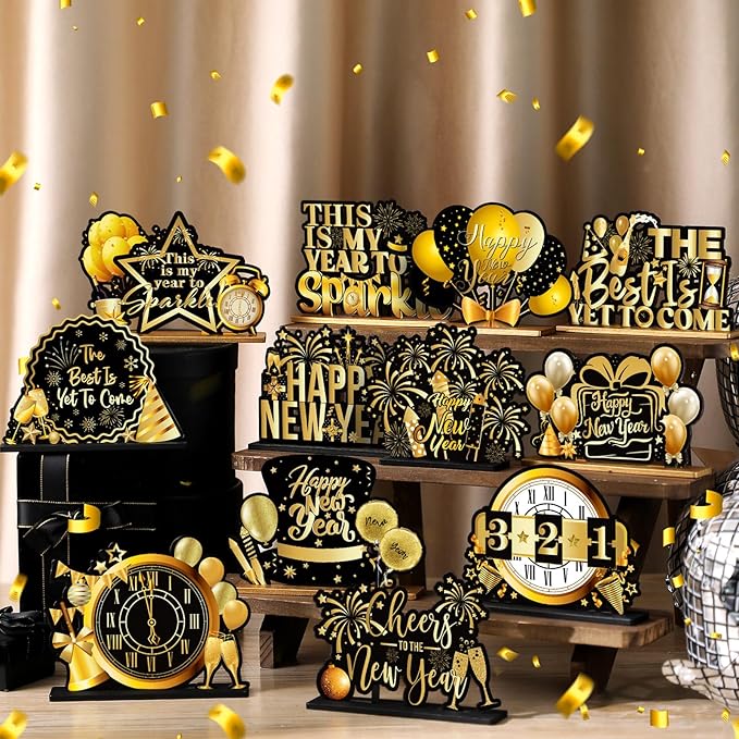 Marsui 12 Pcs Happy New Year Wooden Table Decorations 2026 New Year Table Centerpiece Tiered Tray Home Decor Signs Party Decorations for Party Supplies