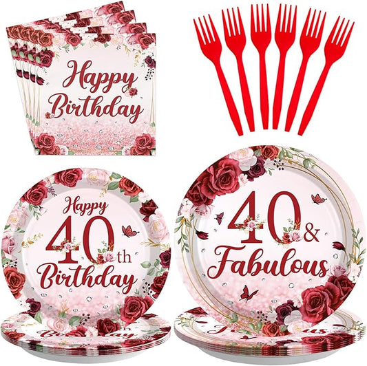 96Pcs Burgundy 40th Happy Birthday Party Decorations Wine Red Floral 40 and Fabulous Plates and Napkins Rose Gold Tableware Sets for Womens Happy 40 Years Old Adult Birthday Party Supplies Serves 24