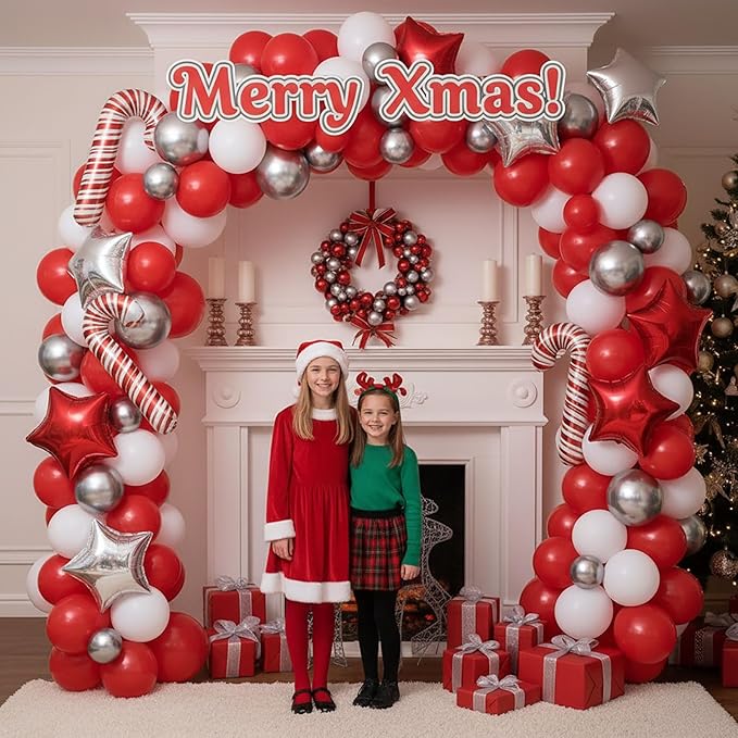 Christmas Party Decorations with Red White Silver Balloon Garland Arch Kit & small Star Candy Cane foil Balloons for 2026 Winter wonderland baby shower Xmas friendsmas new years eve Party Decorations
