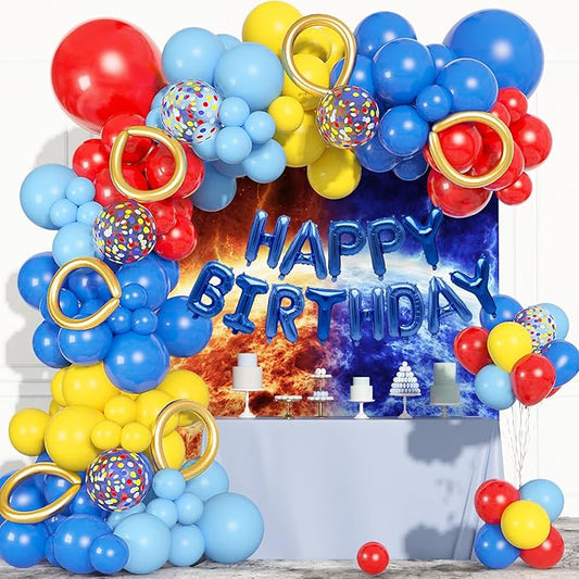 123Pcs Red Yellow Blue Balloons Garland Includes Foil Confetti Mixed Sizes Latex Balloon for Birthday Decorations, Baby Shower, Carnival, Circus, Party Supplies, Backdrop Decor