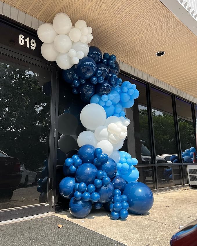 Blue Balloon Arch Kit, 102pcs Royal Blue Pastel Blue Metallic Blue Difference Sizes Latex Balloons with 16ft Tape Strip & Dot Glue for Baby Shower, Birthday, Graduation Decoration