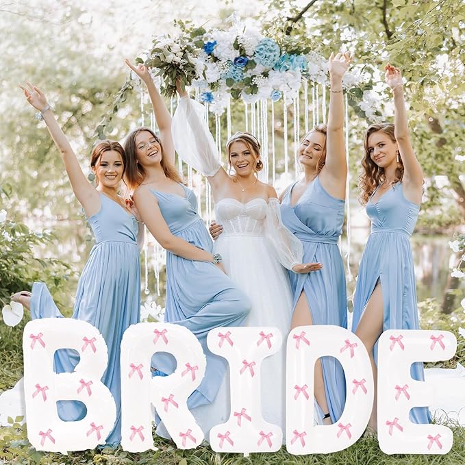 40 Inch White Bride Balloons with Pink Bows, Jumbo Bachelorette Party Décor Bride Letter Balloons Bridal Photo Booth Bridal To Be Banner for Wedding Bachelorette Party Decorations