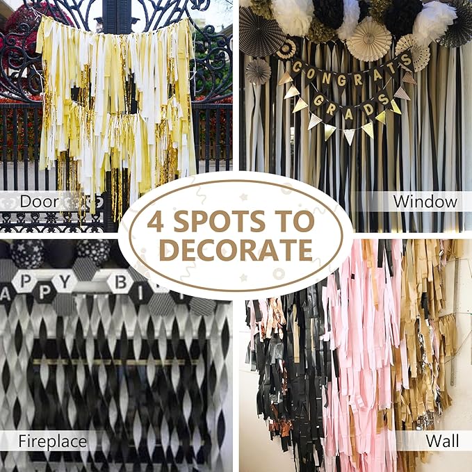 PartyWoo Crepe Paper Streamers 6 Rolls 492ft, Pack of Crepe Paper in Black and Gold Color, Black and Gold Streamers, Crepe Paper for Birthday Decorations, Party Decorations (1.8 in x 82 Ft/Roll)