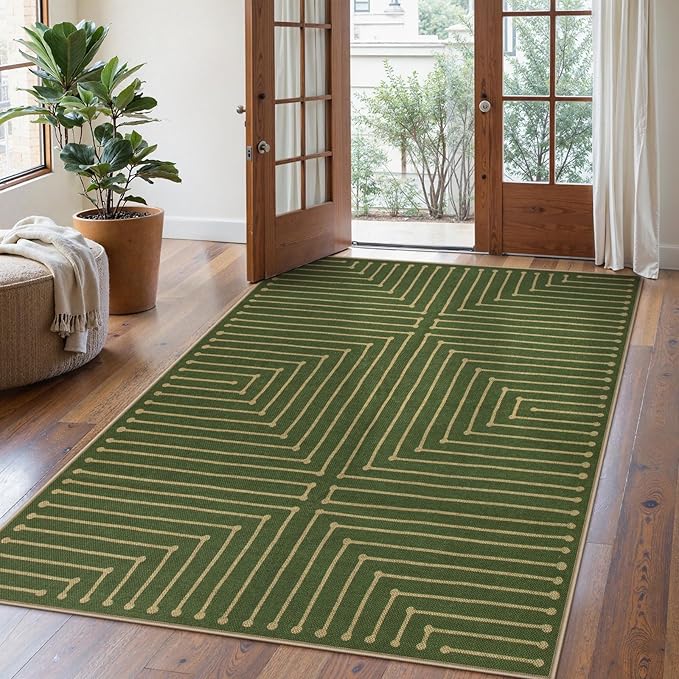 Lahome Neutral Geometric Green Easy Jute Rug, 5x7 Outdoor Rug Washable Carpet for Living Room, Farmhouse Rhombus Non Slip Non Shedding Low Pile Dining Room Carpet for Under Table Bedroom Patio