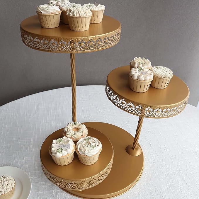 Efavormart 3-Tier Gold Metal Cupcake Tower Dessert Stand, Hollow Lace Design Round Tiered Cake Stand - 21"