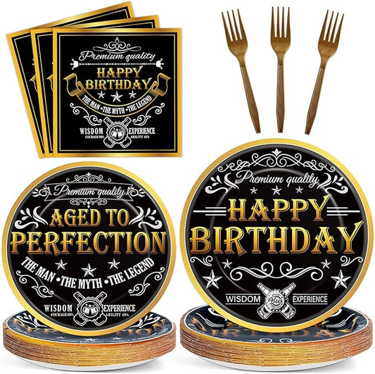 96 Pcs Aged to Perfection Party Plates Napkins Tableware Set Vintage Theme Birthday Supplies Disposable Dinnerware Black Gold Happy Birthday Party Decoration Favors for Men, 24 Guests