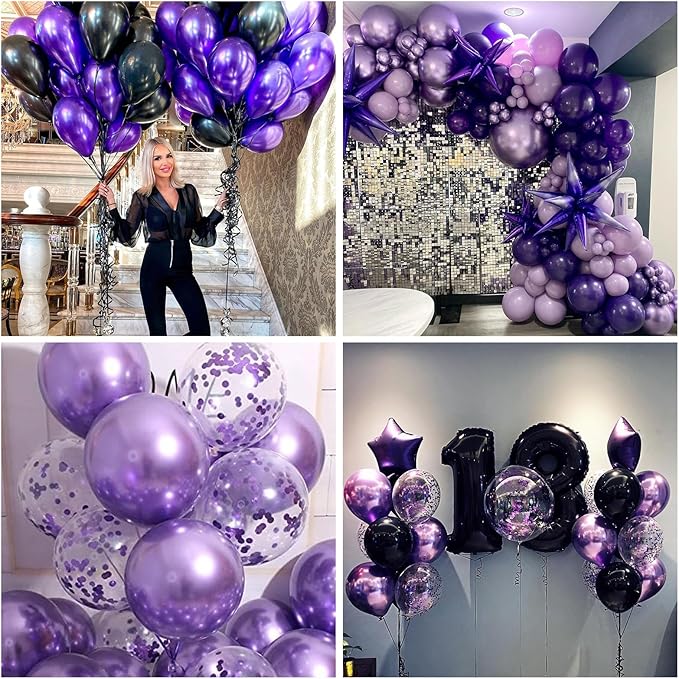 Purple and Black Balloons, 12 Inch Metallic Purple Black Party Balloons Confetti Latex Helium Balloon for Halloween Graduation Birthday Wedding Party Decorations