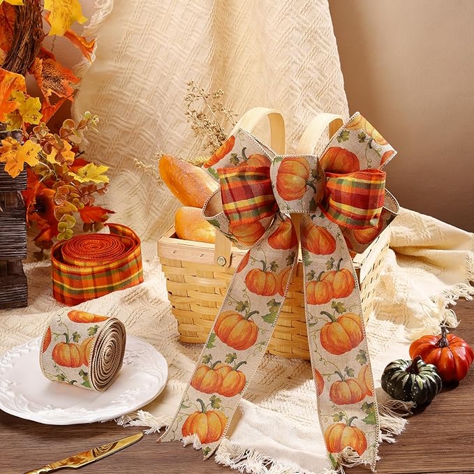 LaRibbons Fall Burlap Plaid Ribbon Wired 2 1/2" x 6 Yards 2 Rolls, Pumpkin Plaid Ribbon for Autumn Wreath Thanksgiving Farm Gift Wrapping Home Decor