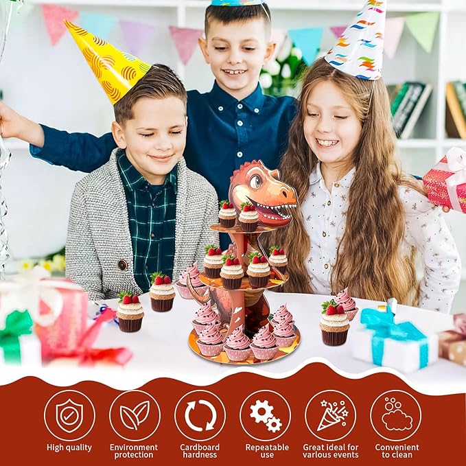 Dinosaur Cupcake Stand, 3 Tire Cupcake Stand Holder Dinosaur Themed Cup Cake Display Stand Dessert Tower Tiered Tray Stand for Kids Dinosaur Jungle Party Birthday Supplies (Dinosaur-1pcs)