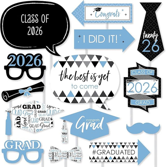 Big Dot of Happiness Graduation Props for Photoshoot 2026, 20-Count Set of High School Senior Photo Booth Props for Pictures and Graduation Party Decorations - Light Blue