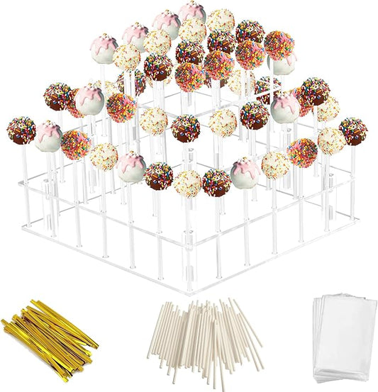 Cake Pop Stand, 3 Tier Square Lollipop Holder with 300 Pcs Accessories, Clear Acrylic Cakepop Display Stand 56 Holes for Birthday, Wedding, Party, Halloween, Christmas Candy Decorative