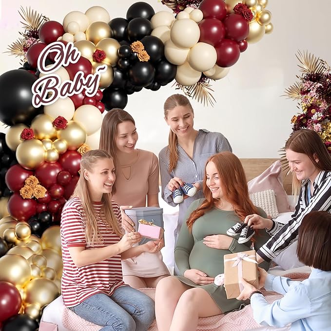 155pcs Burgundy Balloon Garland Arch Kit with Burgundy Maroon Black Metallic Gold Lvory white Balloons for Birthday Graduation Wedding Baby Shower Anniversary Valentine Party Decoration