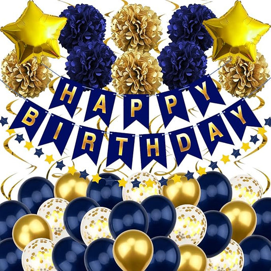 Navy Blue and Gold Happy Birthday Decorations with Banner, Paper Pompoms for Boys, Girls, Men, Women - Party Decorations Supplies