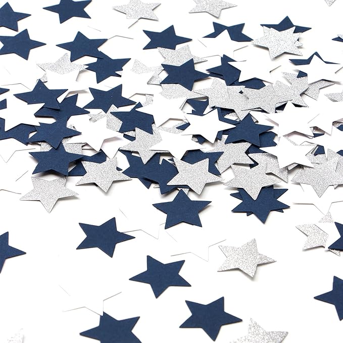 300pcs Navy Blue White Silver Confetti,Glitter Paper decor Twinkle Little Star Table Confetti,Birthday Graduation 2024 Fathers Day Wedding Baby Shower Party Decorations Circle Dots Lasting Surprise