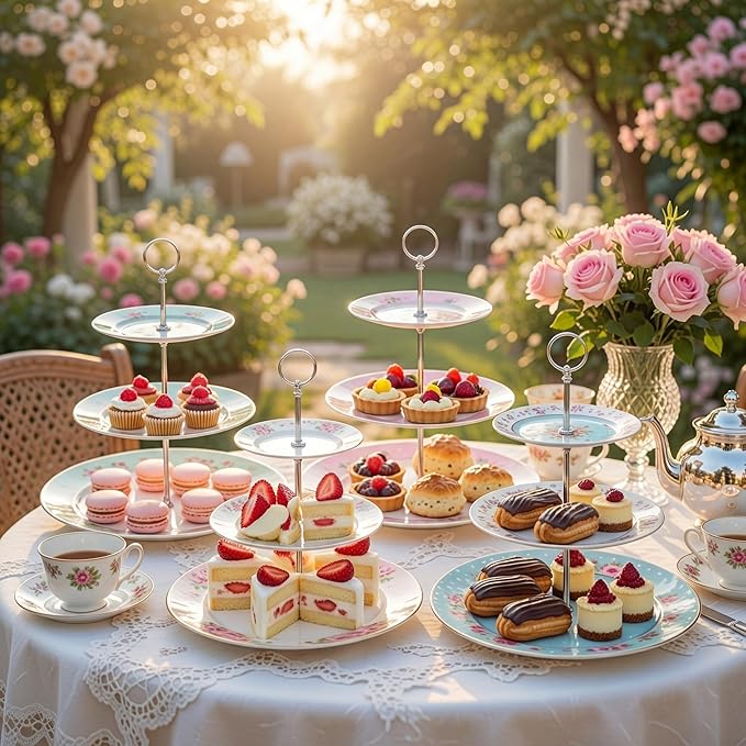 Dandat 4 Pcs 3 Tier Tea Party Cake Stand Floral Ceramic Cupcake Display Round Porcelain Cupcake Dessert Tower Tray Pastry Serving Tray Platter for Tea Party Wedding Birthday, 4 Designs