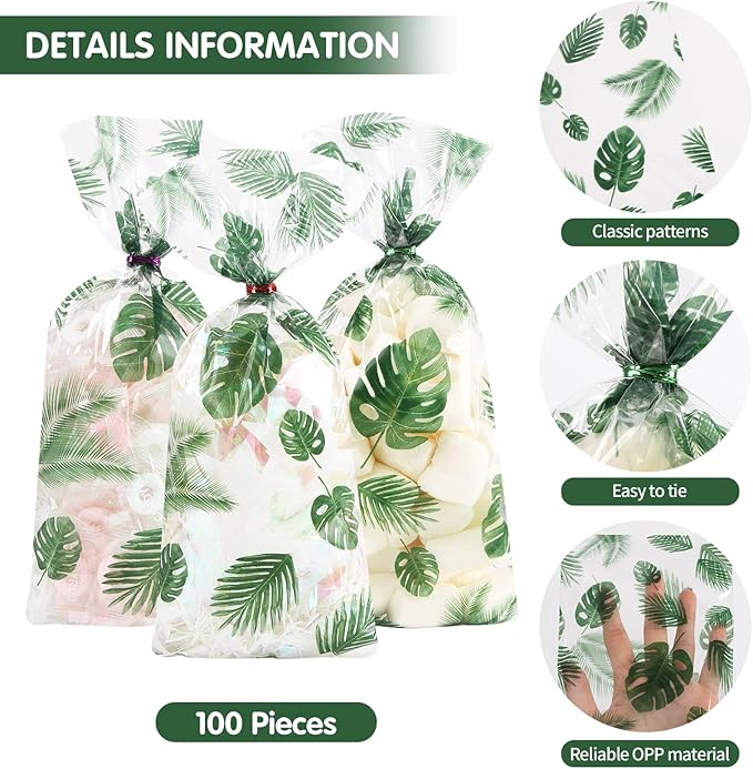 LEOSINDA100 Pcs Gift Wrap Cellophane Treat Bags, 5 X11 Inch Hawaiian Palm Leaf Cellophane Candy Bags with for Candy,Cookies,Wedding Bridal Decorations Birthday,Valentine Party with Twist Ties