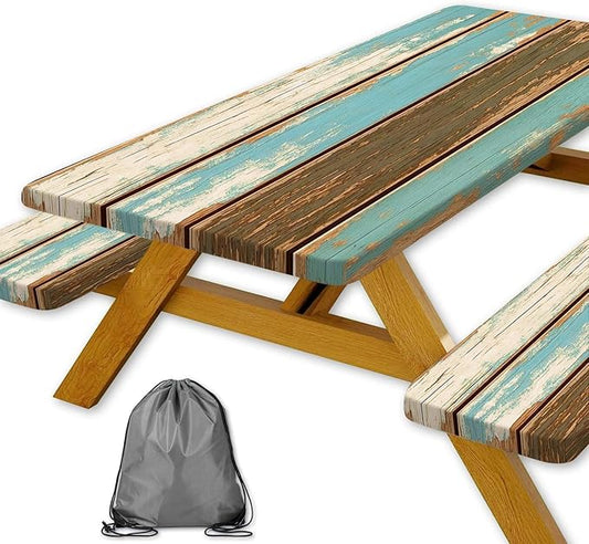 Picnic Table Cover with Bench Covers, Camping Essentials, Farmhouse Wood Green Waterproof Windproof Table Cover, Fitted Tablecloth Cover with Elastic Edge, for Indoor & Outdoor, 3 PCS, 30x96 Inch
