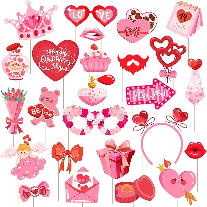 Happy Valentine's Day Photo Booth Props Kit, 24 PCS Selfie Photo Booth Accessories with “Happy Valentine’s Day” Signs, Cute Heart Themed Party Decorations for Valentine’s Party Favors