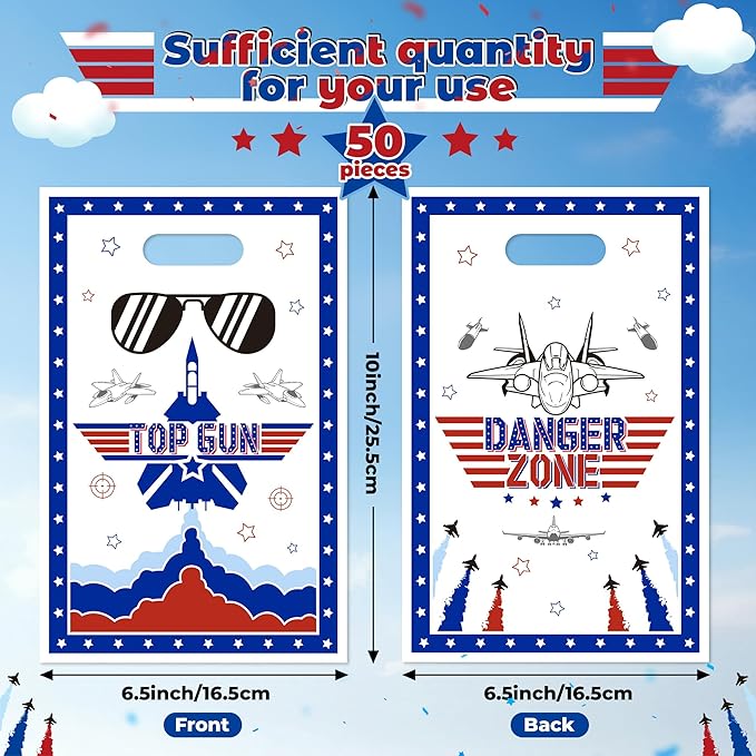 Andi Cppss Fighter Jet Party Favor Bags - 50PCS Fighter Jet Gift Bags for Airplane Birthday Party Supplies Airplane Plastic Goodie Candy Treat Bag with Handles for Kids Plane Theme Party Decorations