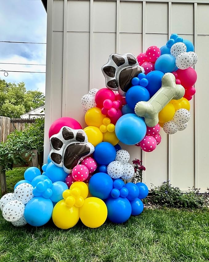 Dog Paw Latex Balloons, 50pcs 12 Inches Royal Blue Light Blue Yellow Red Paw Print Balloons with 1 Ribbon for Dog Birthday Party Decorations