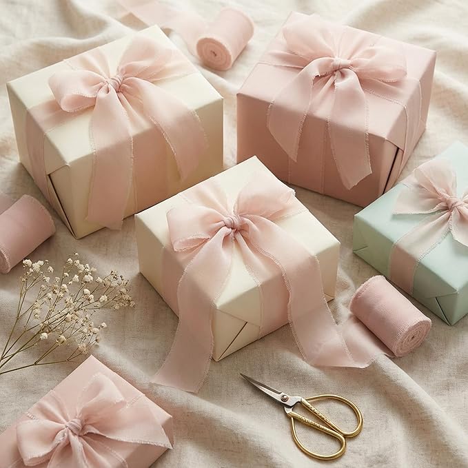 Handmade Chiffon Ribbon 1.5 Inch Wide, 3 Rolls 21 Yards, Blush Pink Frayed Edge Fabric Ribbon for Romantic Wedding Accents, Floral Styling & Gift Presentation(Blush Pink)