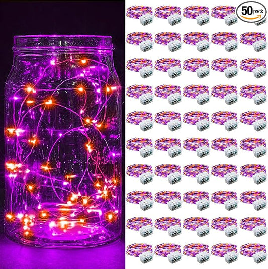 50 Pack Fairy Lights 7Ft 20 LED Twinkle String Lights Battery Operated Waterproof Firefly Starry for Mason Jar Party Wedding Christmas Valentines Day,Orange&Purple