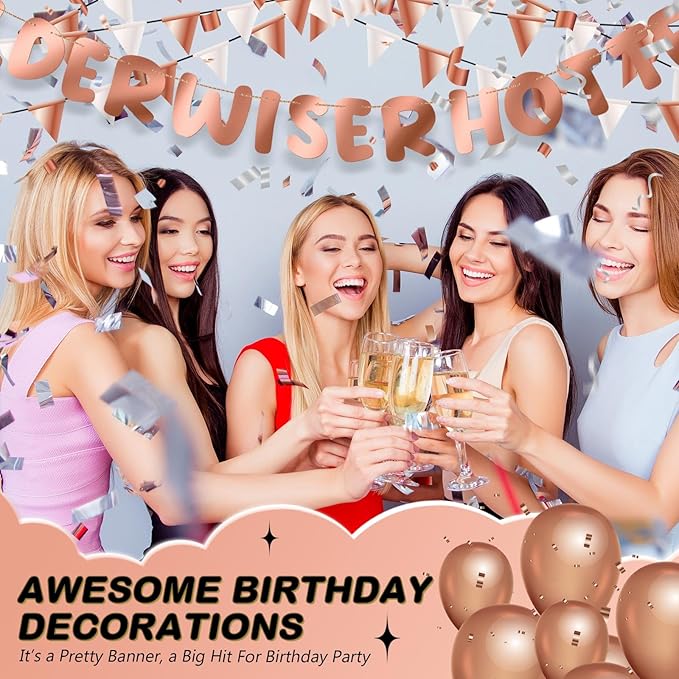 Fulmoon Set of 3 Pre Strung Older Wiser Hotter Glitter Banner Funny Birthday Banner for Women 30th 40th 50th 60th 70th 80th Birthday Party Decorations Sign Gift(Bright Rose Gold)