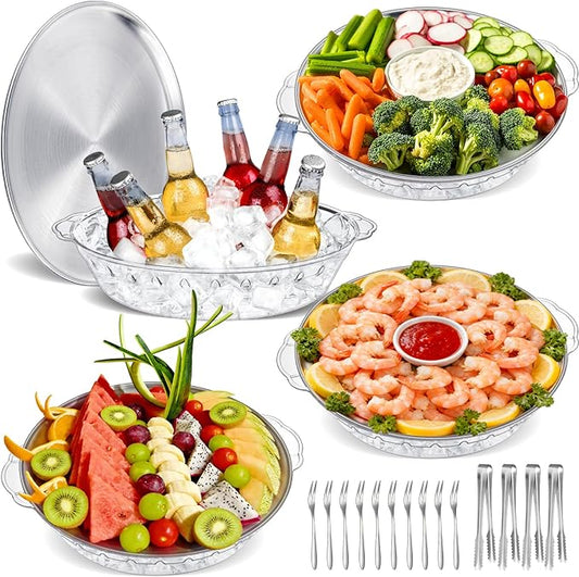4-Pack 11.8" Chilled Serving Tray for Parties with Ice Underneath – Cold Platter for Fruit, Veggies, Seafood, Shrimp Cocktail, Appetizers – Buffet, Picnic, Outdoor Party Keep Food Cold Dish