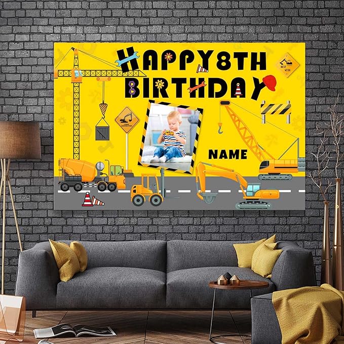 Custom Construction Happy Birthday Party Decorations Supplies Personalized Excavator Crane Dump Truck Digger Birthday Backdrop Banner(4x6ft)