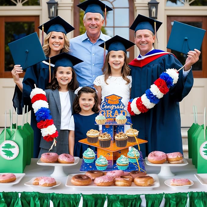 Haooryx Graduation Cupcake Stand Decoration - 3-Tier Orange Blue Graduate Cap Cupcake Tower with Tassel Cardboard Dessert Holder Kindergarten Primary High School College Graduation Party Table Decor