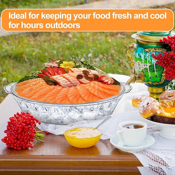 4-Pack 11.8" Chilled Serving Tray for Parties with Ice Underneath – Cold Platter for Fruit, Veggies, Seafood, Shrimp Cocktail, Appetizers – Buffet, Picnic, Outdoor Party Keep Food Cold Dish
