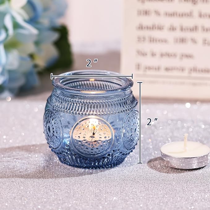 36 Pcs Blue Candle Holders Bulk for Wedding Table Decorations- Floral Style Dusty Blue Candle Holder for Bridal Shower, Baby Shower Decor