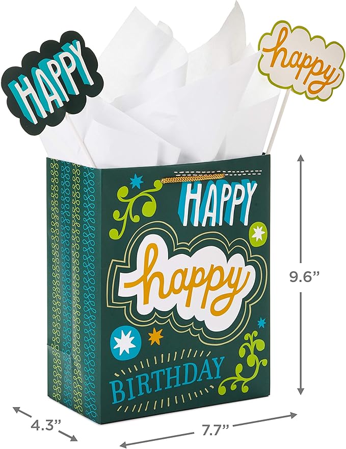 Hallmark 9" Medium Birthday Gift Bag with Tissue Paper and Mini Signs (Happy Happy Birthday, Green, Grey, Blue Hand lettering)