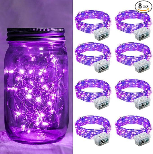 8 Pack Purple Fairy Lights 7Ft 20 LED Twinkle String Lights 3 Modes Battery Operated Waterproof Firefly Starry for Mason Jar Wedding Halloween Christmas Valentines Day Party Table Centerpieces