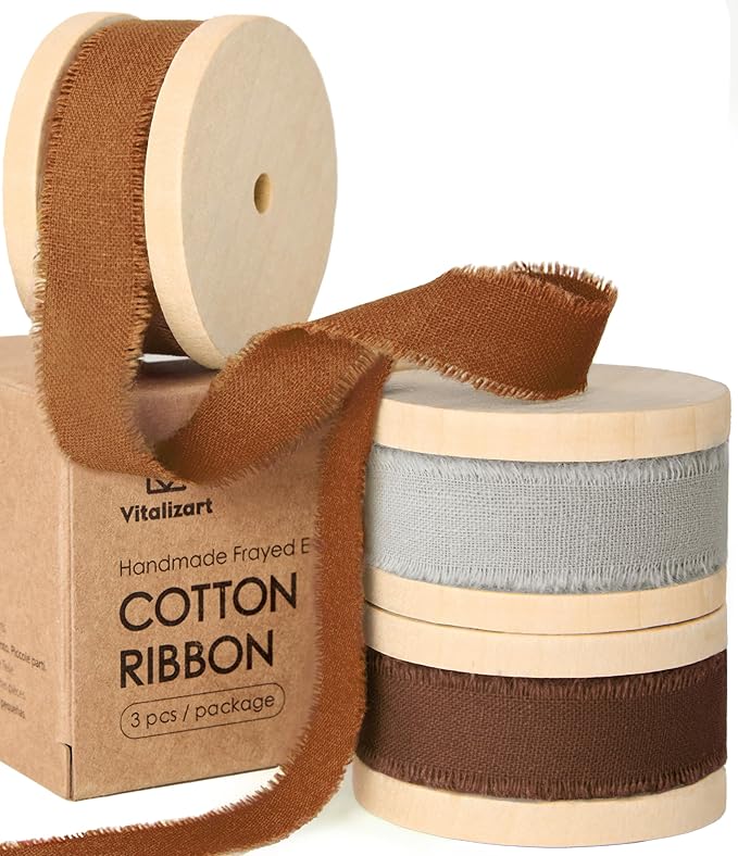 Vitalizart Fall Ribbon Cotton Handmade Fringe 5/8" x 21 Yd Terracotta Pure Natural Cotton Ribbons for Gift Wrapping Wedding Invites Bridal Shower Bouquets Holiday Decor