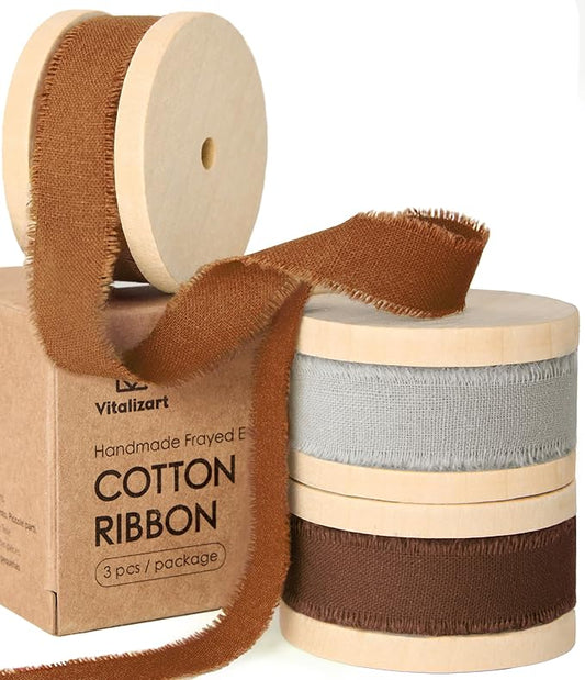 Vitalizart Fall Ribbon Cotton Handmade Fringe 5/8" x 21 Yd Terracotta Pure Natural Cotton Ribbons for Gift Wrapping Wedding Invites Bridal Shower Bouquets Holiday Decor