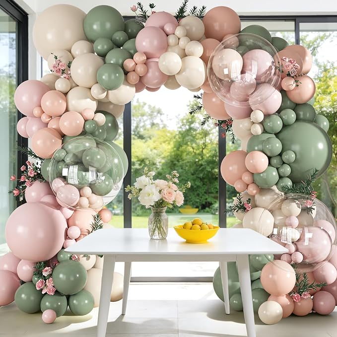 Ouddy Party 149Pcs Pink and Sage Green Sand Balloon Garland Kit Different Sizes 18 12 10 5Inch, 6Pcs 18” Clear Balloons for Baby in Bloom Baby Shower Wedding Birthday Gender Reveal Party Decorations