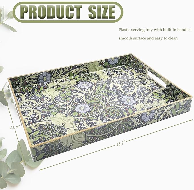 Spsyrine Serving Tray with Handles, Plastic Decorative Tray for Coffee Table, Living Room, Home Decor, Seaweed