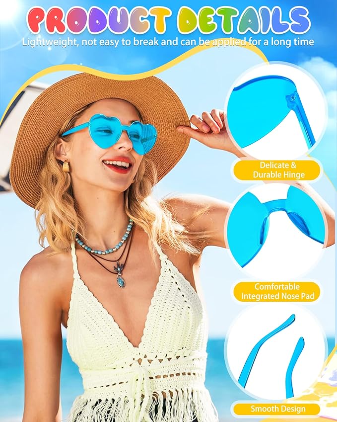 12 Pairs Heart Shaped Sunglasses Candy Color Rimless Fun Heart Glasses for Women Party Favors