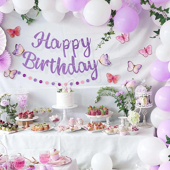 Pre-Strung Happy Birthday Banner, NO DIY Birthday Decorations with Circle Dot Garland and Butterflies, Happy Birthday Party Decorations for Women Girls (Purple)
