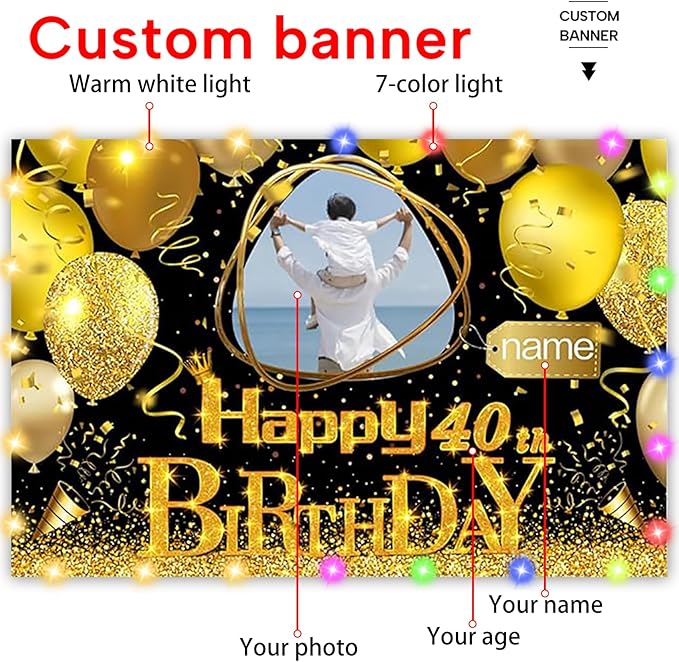 Dicodes Custom Black Gold Theme Birthday Banner for Party Happy Birthday Backdrop Decoration Supplies Personalized with Name and Photo