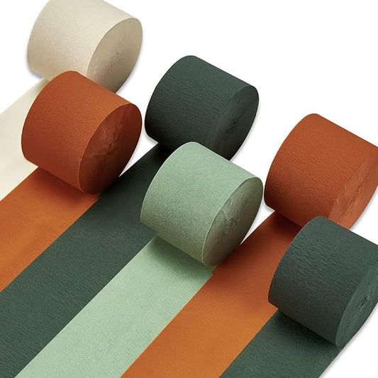 PartyWoo Green and Orange Crepe Paper Streamers 6pcs 492ft Pack of Sage Dark Green Burnt Orange Sand White Crepe Paper Streamers for Birthday Baby Shower Woodland Dinosaur Jungle Party Decorations
