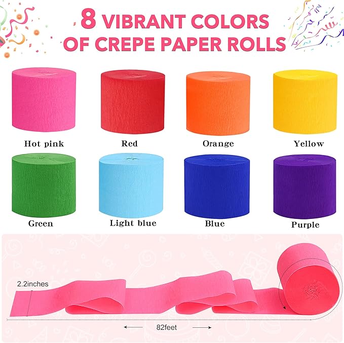 Oubest Rainbow Crepe Paper Streamers Party Decorations, 8 Rolls Colorful Streamers for Rainbow Themed Birthday Baby Shower Bachelorette Party Wedding Bridal Shower Christmas Decorations DIY Crafts