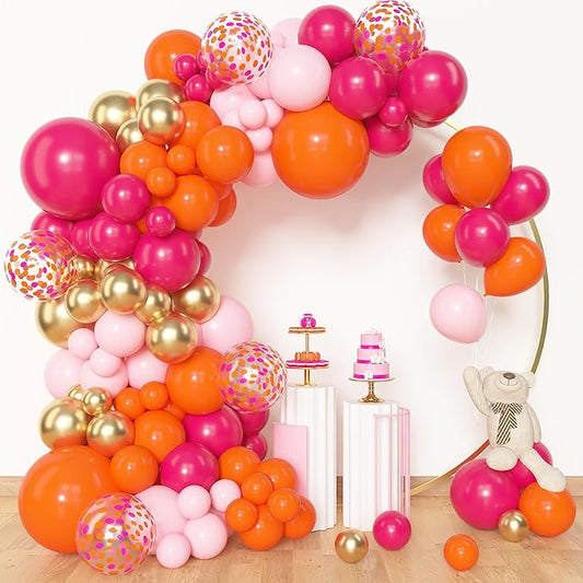 Amandir 153Pcs Pink and Orange Balloon Arch Kit, Different Sizes 18 12 10 5 Inch Metallic Gold Sunset Hot Pink Orange Confetti Latex Balloons Birthday Summer Tropical Graduation Party Decorations