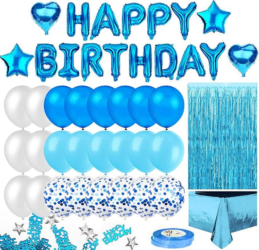 MOVINPE Blue Birthday Party Decoration, Happy Birthday Banner, Sky-Blue Fringe Curtain, Foil Tablecloth, Heart Star Foil Confetti Balloons, 10g Table Confetti for Girl Boy Kids Men Women Adults
