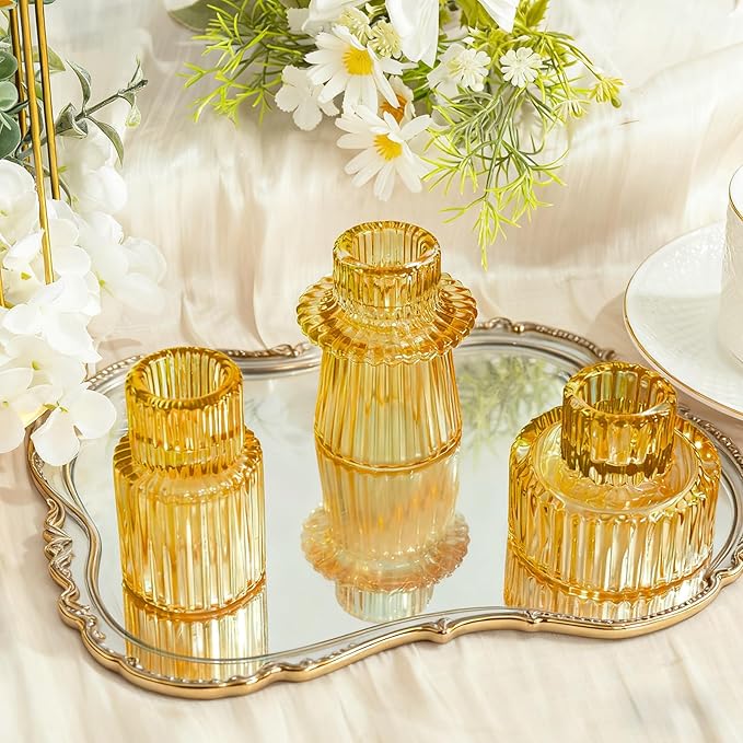 WELLIFE 3 Pcs Amber Glass Candle Holder, Taper Candle Holder, Amber Glass Candlestick Holder for Party, Wedding Decorations, Table Centerpieces and Thanksgiving